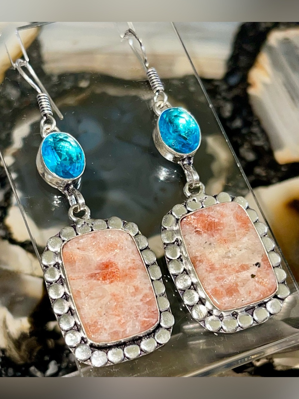 Peach Sunstone Crystal Earrings 2 1/2”